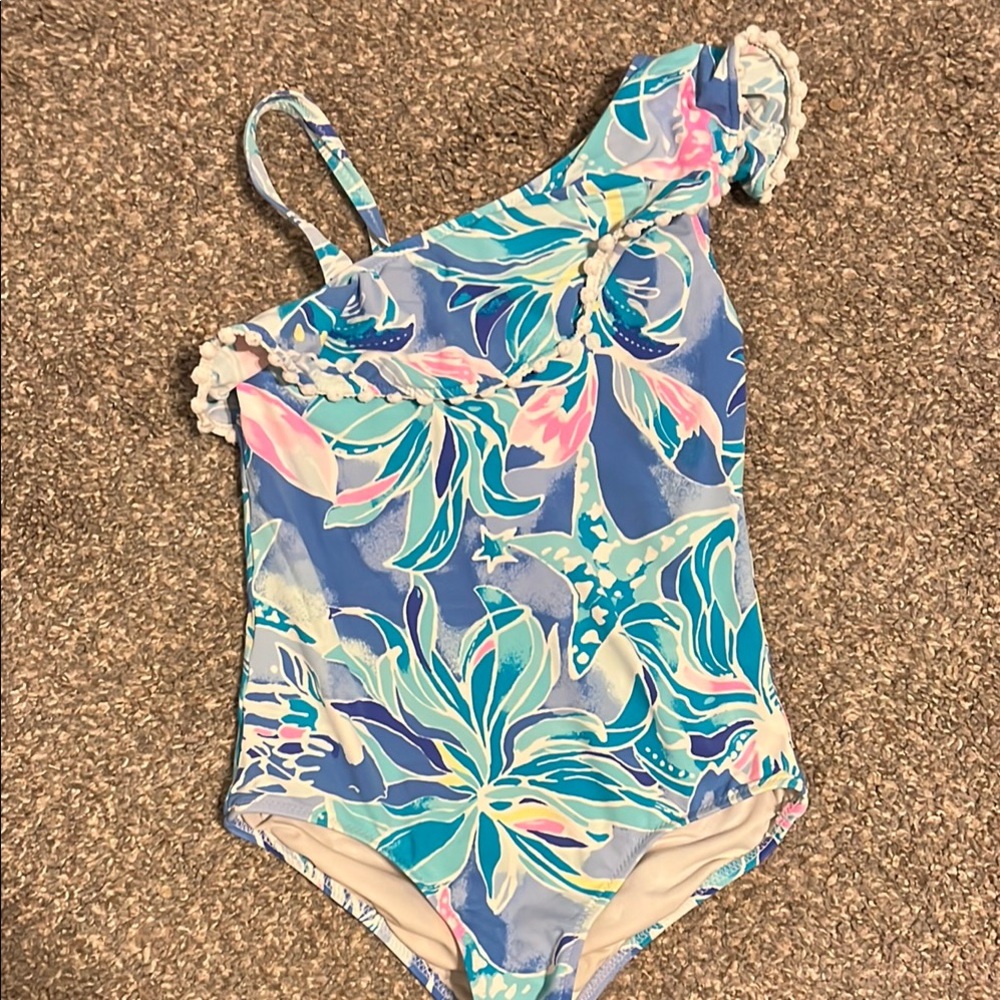 Lilly Pulitzer Blue and Pink One-Shoulder One Piece Swimsuit